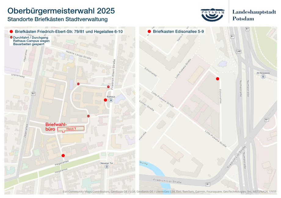 Standorte der Briefkästen der Stadtverwaltung Potsdam Eine Karte mit den Standorten der Briefkästen der Stadtverwaltung Potsdam zur Oberbürgermeisterwahl 2025