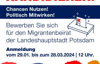 Das Plakat zeigt den Kandidatenaufruf zur Wahl des Migrantenbeirates, Anmeldung bis 28. März 2024., Unterhalb des Textes sind stilisioerte Personen in verschiedenen Farben zu sehen.