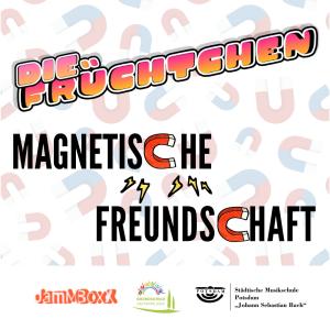Ein CD Cover: Auf einem gemalten liegen grafisch geordnet viele U-förmige Magnete. Davor sehen wir Bandname und Titel.