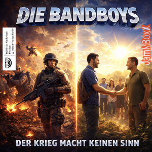 Ein CD Cover: Das Bild ist in zwei Hälften geteilt. Links laufen Soldaten durch ein umkämpftes Kriegsgebiet - rechts geben sie sich die Hand.