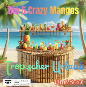 Das Bild ist künstlich-schön und wir sehen eine hölzerne Strandbar mit Früchten und Cocktails zwischen zwei Palmen. Im Hintergrund sehen wir das blaue Meer