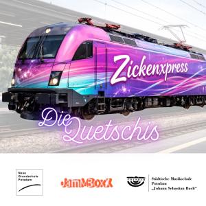 Ein CD Cover: Wir sehen einen Schnellzug. Er ist pink und lilafarben und trägt den Schriftzug Zickenexpress