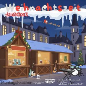 Ein CD Cover: Wir sehen eine animierte Szenerie mit Weihnachtsmarkt und an verschiedenen Stellen platzierten Musikinstrumenten einer Band