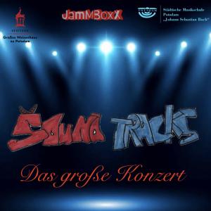 Ein CD Cover: Vor einer blauen Bühnenbeleuchtung ist ei Schriftzug mit Bandnamen bunt gezeichnet