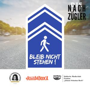 Wir sehen ein Fantasie Verkehrsschild - "Bleib Nicht Stehen" . vor unscharfer Straßenkulisse