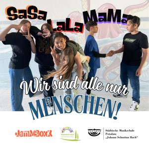 6 Teenager machen lustige Grimassen und Gesten vor bunt animiertem Hintergrund
