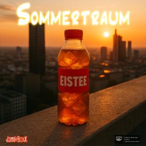 Im Sonnenuntergang auf einem Hausdach über Potsdam steht ein kühler Eistee