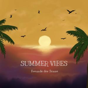 Freunde der Sonne - "Summer Vibes" Ein Sonnenuntergang am Horizont. Davor die schwarzen Silhouetten zweier Palmen und fliegenden Vögeln.