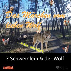 7 Schweinlein und der Wolf - Das Märchen vom lieben Wolf...neu verhört! Eine Fotocollage: Ein Wolf steht inmitten eines dürren Waldes - überall scheinen kleine Schweinsköpfe hervorzuschauen. Die sieben Schweinlein.