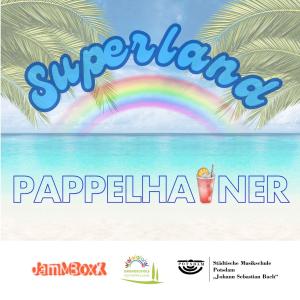 Die Pappelhainer- Superland CD-Cover: Wir sehen die Schriften vor einem paradisischen gemalten Meer