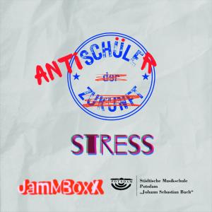 Antischüler - "Stress" Auf zerknittertem Papier sehen wir ein verfremdetes rot-blaues Logo "Antischüler". Darunter der gedruckte Titel.