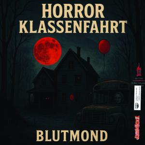 Auf einem gemalten Bild gibt es ein nächtliches Haus, einen Blutmond und einen Schulbus mit Geist am Steuer