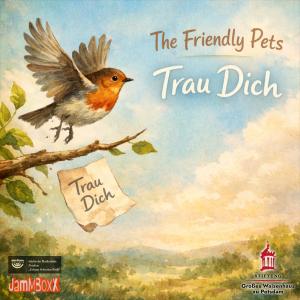 Ein CD Cover wie ein Bilderbuchumschlag. Wir sehen ein losfliegendes Rotkehlchen das ein altmodisches Papier mit dem Schriftzug "Trau Dich" losläßt.