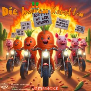JamMBoxX - Die hotten Karotten CD Cover: 3 vermenschlichte Karotten und 4 Schweine kommen mit Motorrädern auf die Betrachtenden zugefahren.