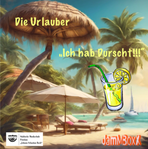 JamMBoxX - Die Urlauber Vor einer pastellen fotografierten Strandkullisse sehen wir einen gemalten Softdrink mit Zitrone.
