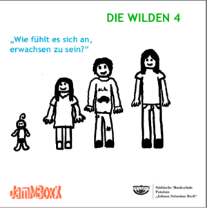 JamMboxX - die Wilden 4 Weisses CD Cover mit 4 in schwarzen Strichen gezeichneten einfachen Figuren. Sie stellen verschiedene Lebensalter dar