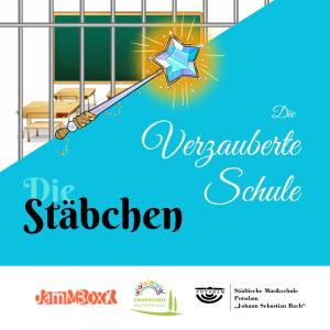Die verzauberte Schule Ein grafisch gestaltetes CD - Cover. Die Elemente sind ein Zauberstab, eine Fläche mit den Titel-Elementen sowie ein Blick durch dünne Gitterstäbe in einen Klassenraum.