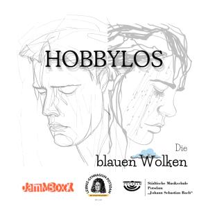 Die blauen Wolken Ein gezeichnetes CD-Cover: zwei junge Männer schauen nach rechts und links - den Blick nach unten gerichtet. Eine kleine blaue Cumuluswolke ist im Bild versteckt.