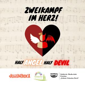 Zweikampf im Herz Auf einem grafisch gestalteten CD-Cover sehen wir: ein Herz mit einer dunklen und hellen Seite. In ihm ein Brustportrait - halb Engel, halb Teufel. Im Bildhintergrund sehen wir handschriftliche Musiknoten.