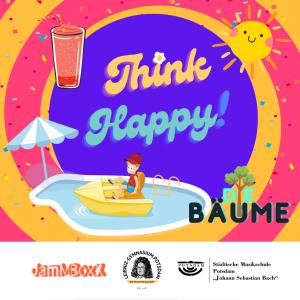 Think Happy Eine Grafik auf einem DC - Cover sieht sehr sonnig und heiß aus - Urlaubsklima. Nur ein einziger Baum hat sich in das Bild verirrt. Ob der Song das erklärt?