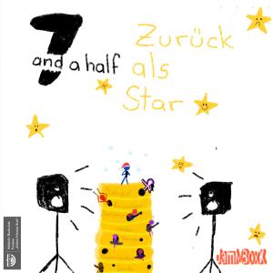 Wir sehen ein absichtlich kindlich gezeichnetes Bild. Es gibt eine Bühne mit Musikanlage und Band. In der Mitte thront ein Strichmännnchen auf sieben Käseleibern.