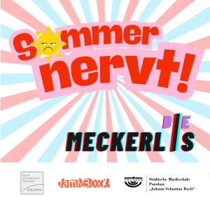 Die Meckerlis - Sommer nervt CD-Cover: In verrückte Schrift ist die Grafik einer schlachtgelaunten Sonne eingebettet