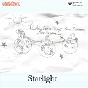 JamMBoxX 24 NGZ2 Starlight Eine einfache Bleistiftzeichnung zeigt drei mit Hängebrücken verbundene Planeten. Es ist ein CD Cover. In Schreibschrift sieht man den Titel: Wir leben auf dem Planeten FANTASIEA