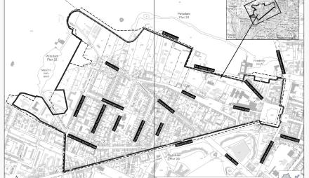 Stadtplan, auf dem der Geltungsbereich der geplanten Erhaltungsatzung eingezeichnet ist