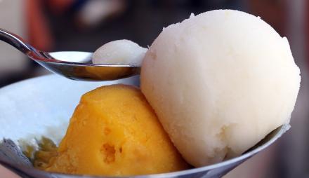 Zwei Kugeln Eis in oranger und weißer Farbe in einem Schüssel.
