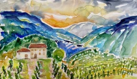 Ein gemaltes Bild von einer italienischen Landschaft.