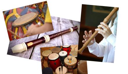 Vier Bilder mit Blockflöten und Percussion-intrumenten sind zu einer bunten Collage zusammengefügt.