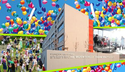 Auf einer bunten Collage sehen wir ein großes Musikschulgebäude, Luftballons, Kinder und Familien tanzend mit Tüchern und eine Rockband auf der Bühne
