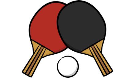 Illustration: zwei Tischtennisschläger, rot und schwarz, und ein Tischtennnisball
