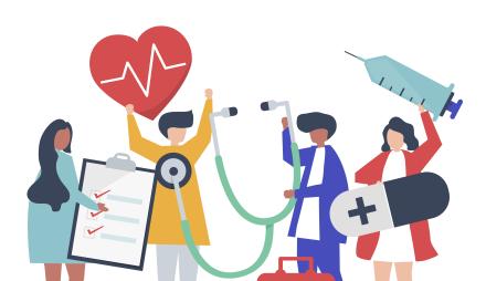 Vier animierte Personen halt Icons, die mit dem Thema Gesundheit zusammenhängen.