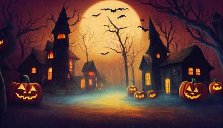 Halloween-Stimmung; schwarze Silhouetten von Kürbisfratzen, Häusern, Bäumen und Vögeln im schummrigen Nachlicht vor großem gelben Mond; schwarz, orange, gelb, etwas bläulich; Zeichnung / Graphik