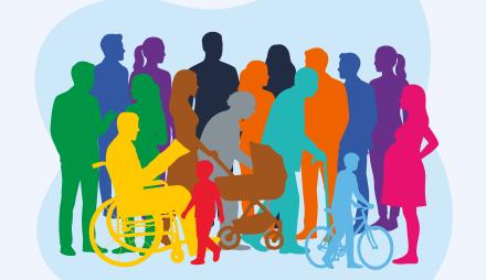 Illustration einer vielfältigen Gruppe von Menschen unterschiedlichen Alters, darunter eine Person im Rollstuhl, eine Person mit Rollator und ein Kind mit Fahrrad.