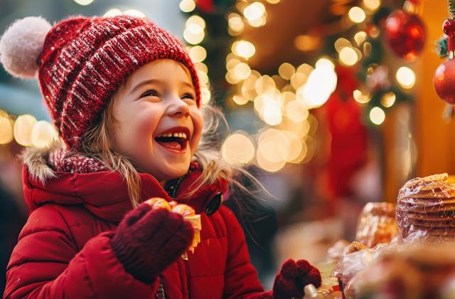 Ein Kind mit roter Mütze steht an einem Weihnachtsmarkt-Stand und staunt.