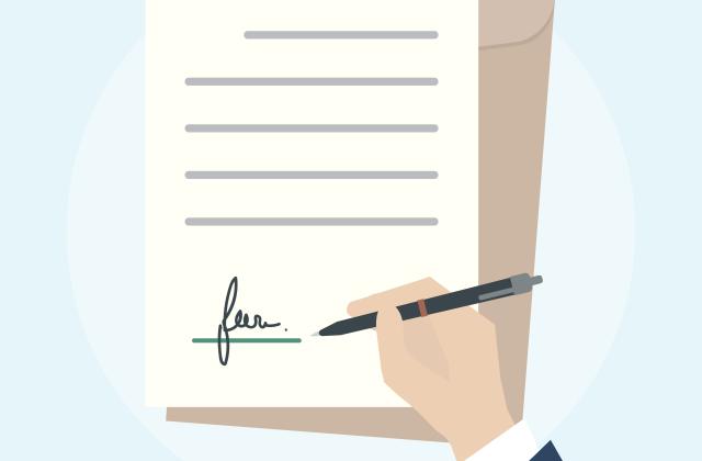 Eine Illustration einer Hand, die etwas unterschreibt.