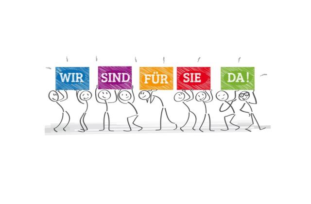 Beratung und Unterstützung Begleitende Illustration zum Thema Beratung und Unterstützung durch das Jugendamt: Eine Gruppe von Menschen hält Plakate mit dem Schriftzug: Wir sind für Sie da!