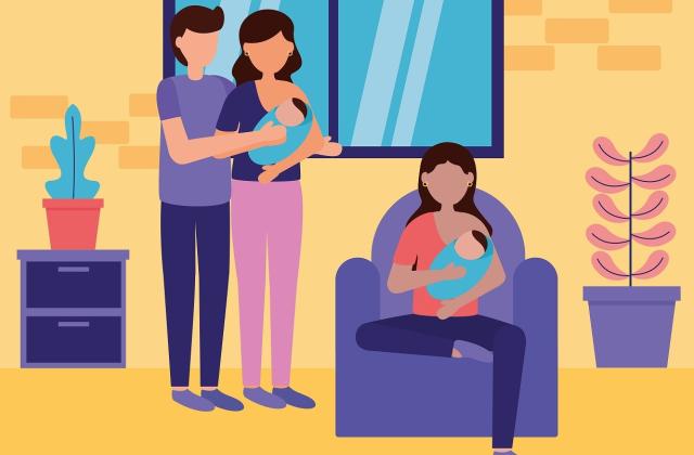 Illustration: Frühe Hilfen im klinischen Setting Begleitende Illustration zum Thema "Frühe Hilfen im klinischen Setting": Illustration von zwei Müttern mit Babys und einer helfenden Person.
