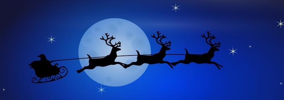 Rentire ziehen den Schlitten mit dem Weihnachtsmann vpr einem blauen Nachthimmel mit Mond