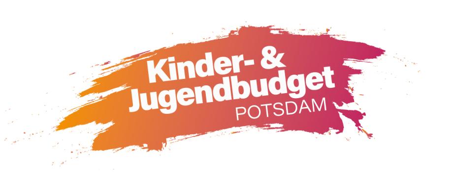 Logo mit weißer Schrift auf organge-rotem Farbklecks, Schriftzug Kinder- & Jugendbudget Potsdam