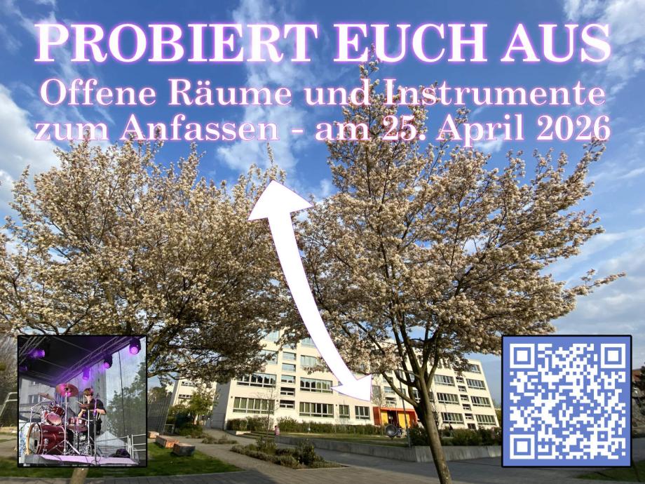 Kirschblüte auf zwei Bäumen. Drumherum weisen Texte und Pfeile auf ein größeres Schulgebäude.