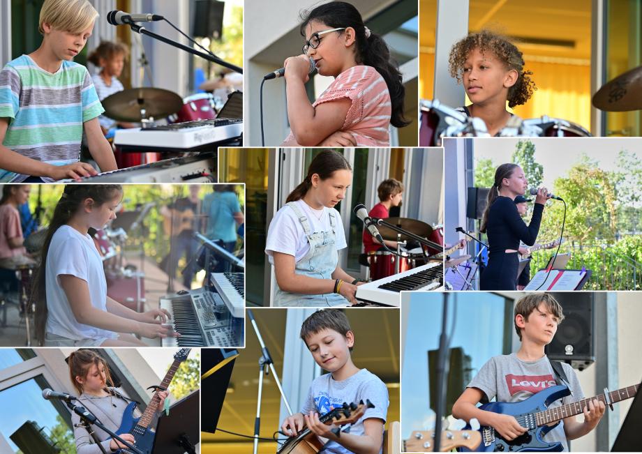 Auf vielen Bildern einer Collage sehen wir Kinder und Jugendliche mit ihrem Pop/Rock-Instrument bei einer Musikschulpräsentation.