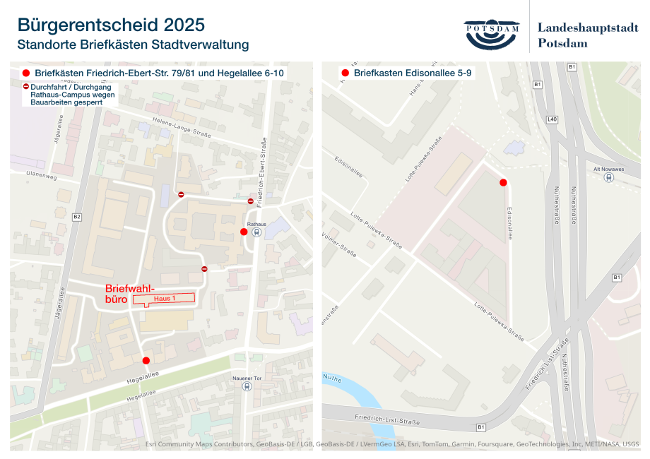 Eine Karte mit den Standorten der Briefkästen der Stadtverwaltung Potsdam