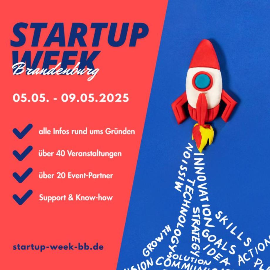 Flyer der Startup Week mit roten und blauen Elementen