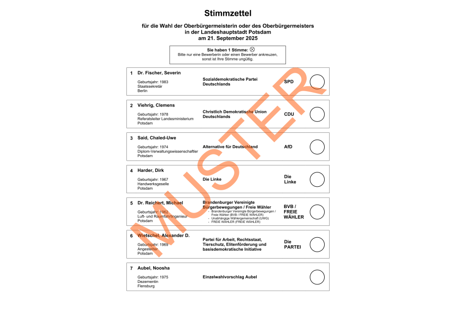 Musterstimmzettel zur Oberbürgermeisterwahl 2025 in Potsdam Musterstimmzettel zur Oberbürgermeisterwahl 2025 in Potsdam