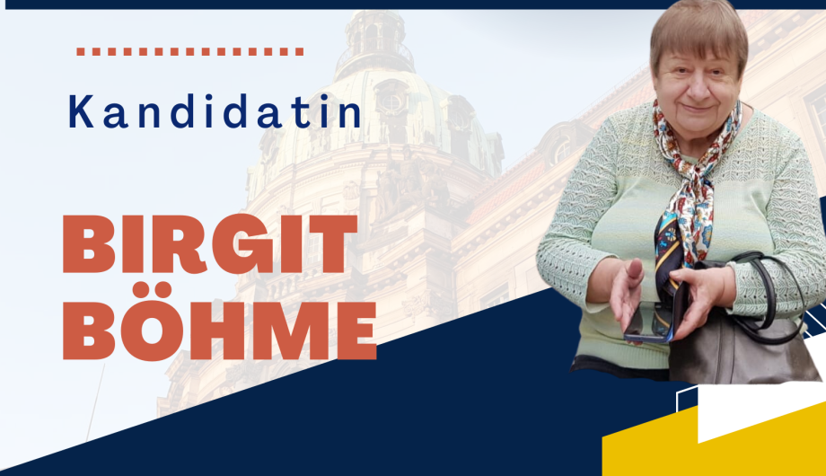 Es ist ein Flyer zu sehen, der zur Wahl zum Beirat für Menschen mit Behinderung aufruft.  Die Kandidatin Birgit Böhme ist auf einem Foto zu sehen und stellt Ihre Motivation zur Mitgliedschaft im Beirat dar. 