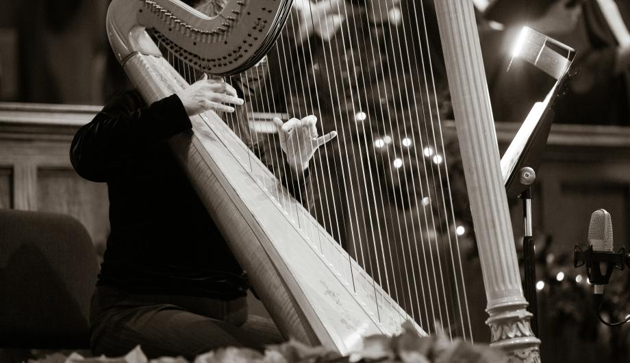 In einer Orchesterumgebung sehen wir eine große Konzertharfe. Dahinter sitzt verdeckt ein Mensch, der sie spielt. Noten und ein Mikrofon sind ebenfalls zu erkennen.