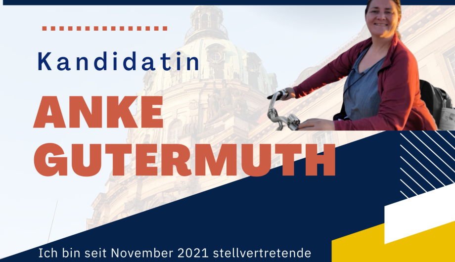 Es ist ein Flyer zu sehen, der zur Wahl zum Beirat für Menschen mit Behinderung aufruft.  Die Kandidatin Anke Gutermuth ist auf einem Foto zu sehen und stellt Ihre Motivation zur Mitgliedschaft im Beirat dar. 